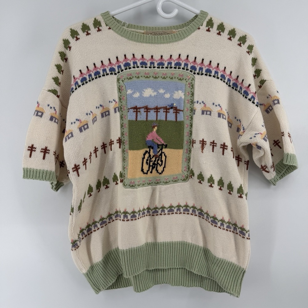 VTG Susan Bristol Novelty Short-sleeve Bicycle Scenery Knit Sweater Sz 40/M?